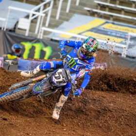 Justin Barcia at the turn at 2020 SLC 1 Supercross Race