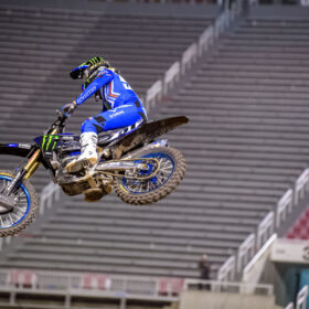 Justin Barcia in the air at 2020 SLC 1 Supercross Race