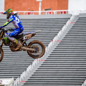 Justin Barcia in the air at the 2020 Salt Lake City 3 Supercross Race