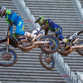 2 riders in the air at the 2020 Salt Lake City 5 Supercross Race